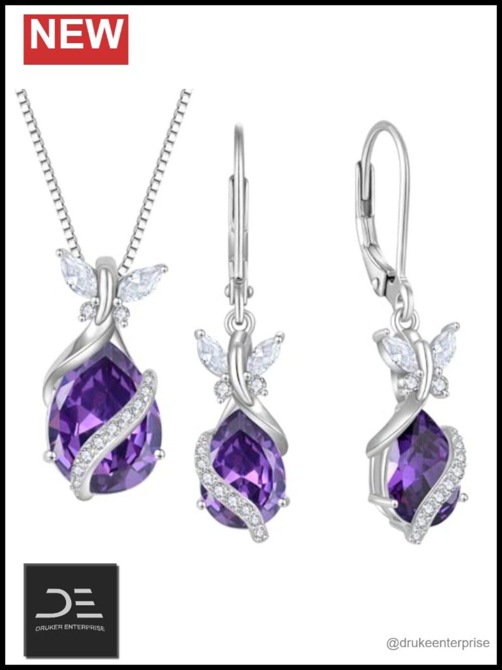 925 Sterling Silver Butterfly Birthstone Earrings Necklace Set Hypoallergenic